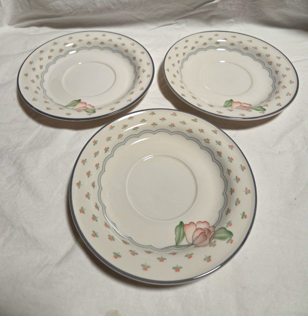 Vtg Sango Floral 8" Round Saucer Set of 3 White Pink Blue Rim Glossy Ceramic